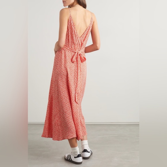 Doen Sonia Crepe Viscose V Neck A Line Midi Slip Dress Orange Hillside Bloom - Picture 4 of 12